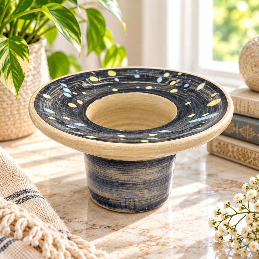 Vintage Signed Studio Pottery Planter Blue Yellow Splatter Glaze Pedestal Pot